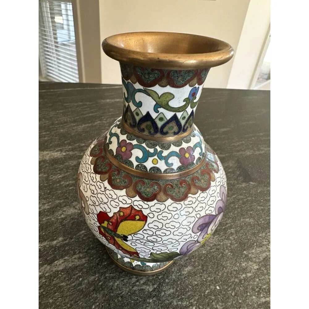 Chinese Cloisonné Vase 6” Height Porcelain Enamel Floral Butterfly Colorful